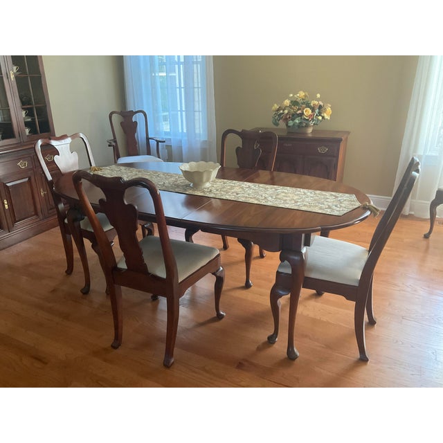 Wood Statton Americana Cherry Dining Room China Closet, Oval Table W 3 Leaves, 6 Chairs. 2 Armed 4 Side, Server With Hinged Split Top Extention, For Sale - Image 7 of 13