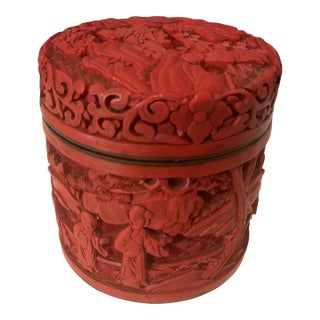 Vintage Chinese Carved Cinnabar Round Box For Sale