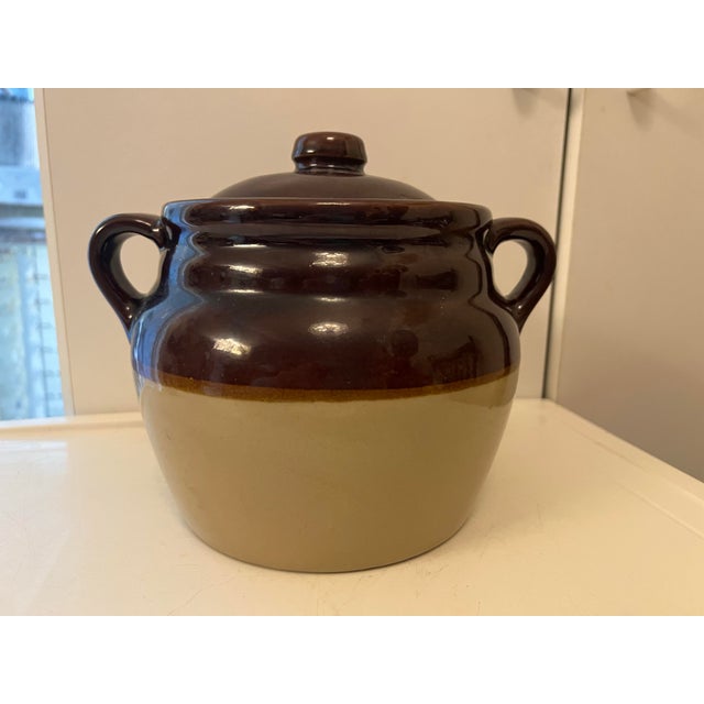 American Antique Brown and Cream Stoneware Double-Handled Bean Pot / Lidded Jar For Sale - Image 3 of 8