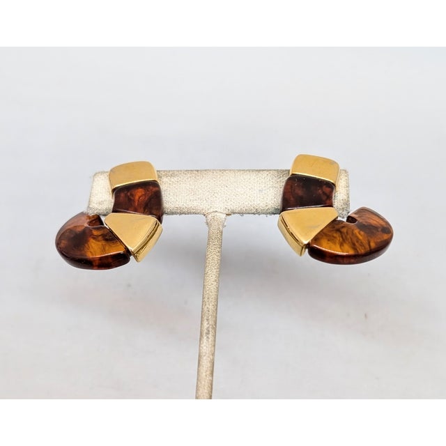 American Vintage 1984 Signed Napier Goldtone Faux-Tortoise Clip Earrings-2 Pieces For Sale - Image 3 of 8
