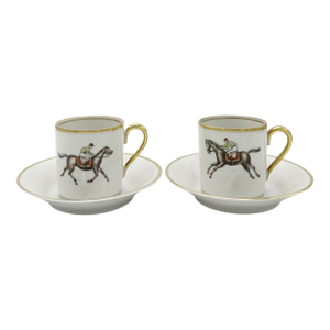 Mid 20th Century Pair Vintage Equestrian Jockey Porcelain Demitasse Cup & Saucer