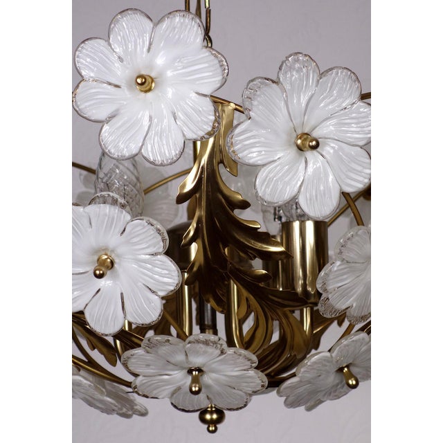 Gilded Metal and Glass Flower 4-Light Chandelier, 1990s For Sale - Image 4 of 12