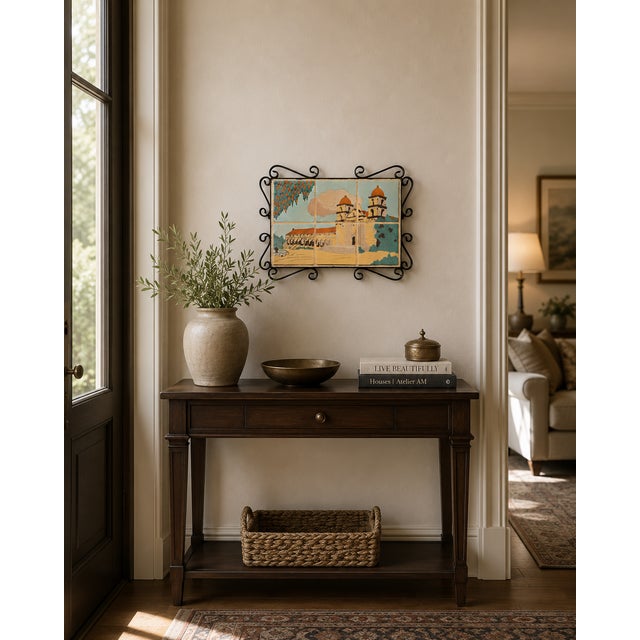 Taylor Tilery –Mission Santa Barbara,1930s Spanish Revival Hand-Painted Tile Panel in Iron Frame For Sale - Image 12 of 12