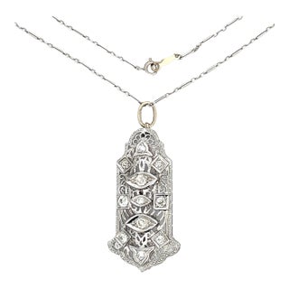 Antique 14k White Gold Diamond Art Deco Filigree Necklace For Sale