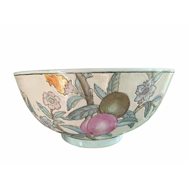 Early 20th Century Vintage Chinese Porcelain Fruit & Floral Bowl | Hand-Painted Famille Rose Style Centerpiece Bowl For Sale - Image 5 of 10