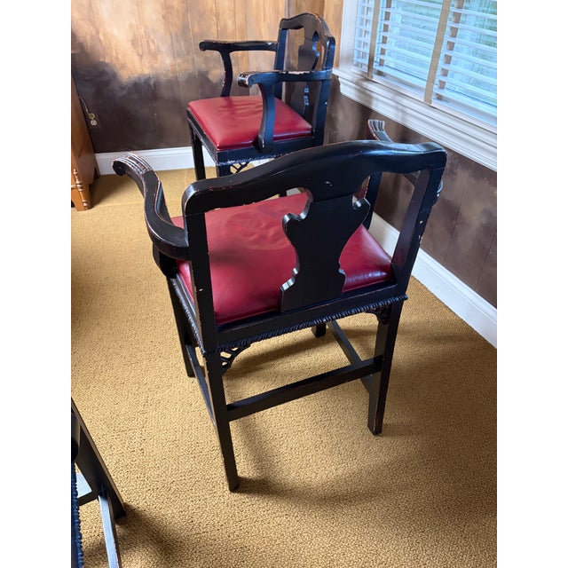 English Vintage CTH Counter Height Wood Bar Stools With Red Leather Seats, Chippendale Styled For Sale - Image 3 of 10