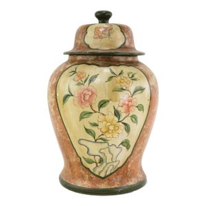 Vintage Hand-Painted Ginger Jar With Lid, Floral and Butterfly Design