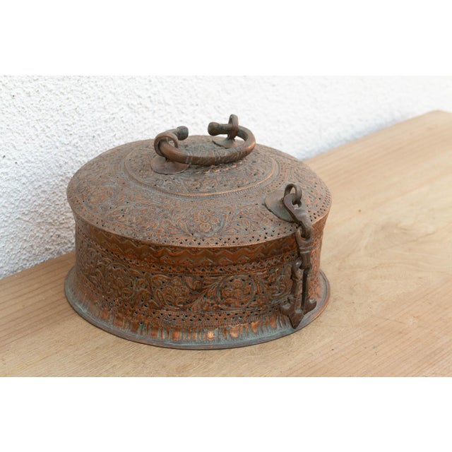 Indian Antique Pierced Copper Indian Dowry Box For Sale - Image 3 of 11