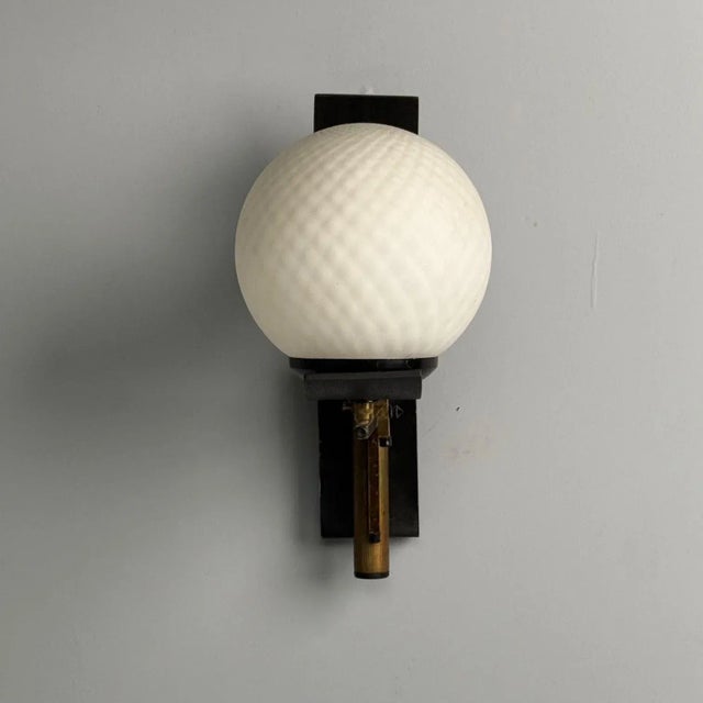 Mid-Century Modern Stilux Attr., Italian Mid-Century Modern, Dome Wall Sconce, Brass, Iron, Glass For Sale - Image 3 of 7
