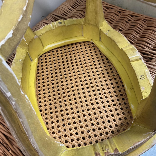 French Vintage French Carved Wood Footstool Caning Replaced Chippy Original Finish Beige Yellow For Sale - Image 3 of 11