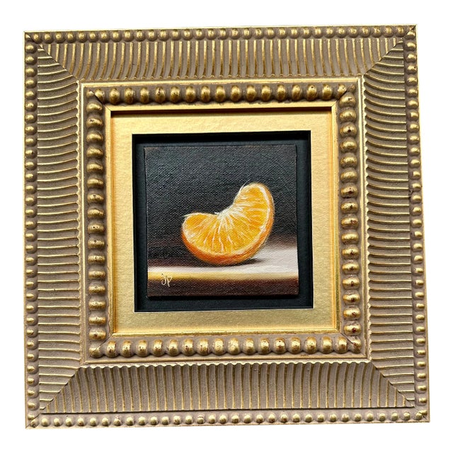 21st Century Orange Slice Oil on Board Gilt Wood Framed Painting Yellow Black Gold Handmade Signed Still Life Fruit For Sale