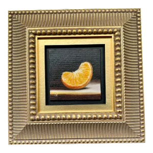 21st Century Orange Slice Oil on Board Gilt Wood Framed Painting Yellow Black Gold Handmade Signed Still Life Fruit