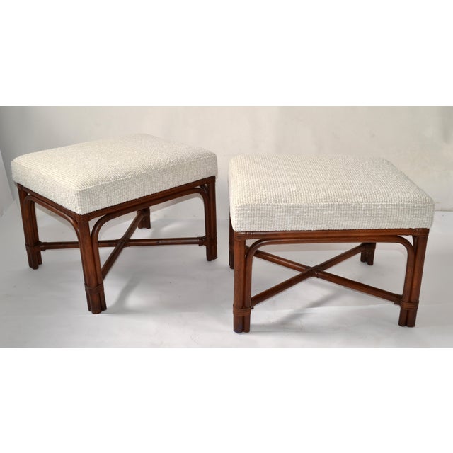 Pair of 1970s McGuire Attributed Bamboo Wood Bouclé Fabric Upholstery Ottomans Mid-Century Modern For Sale In Miami - Image 6 of 13