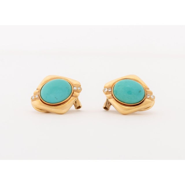 Vintage Modernist 14k Yellow Gold and Turquoise Diamond Earrings For Sale In New York - Image 6 of 9