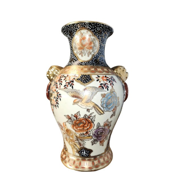 Chinese Vintage Satsuma Vase With Ringed Foo Dog Head Handles For Sale - Image 3 of 6