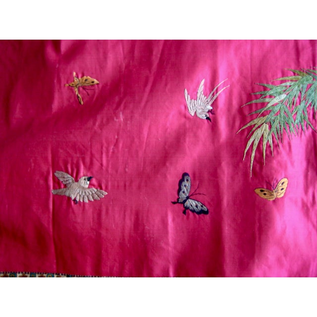 Raspberry Red Chinese Silk Embroidery Peacock, Bords and Butterflies For Sale - Image 8 of 12