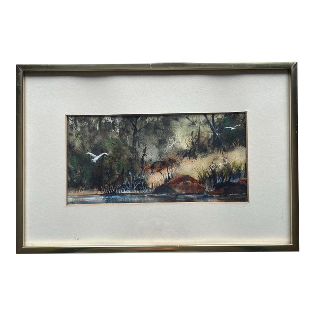 Vintage Original Watercolor of the Florida Everglades With Birds For Sale