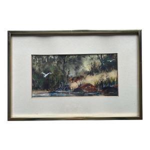 Vintage Original Watercolor of the Florida Everglades With Birds