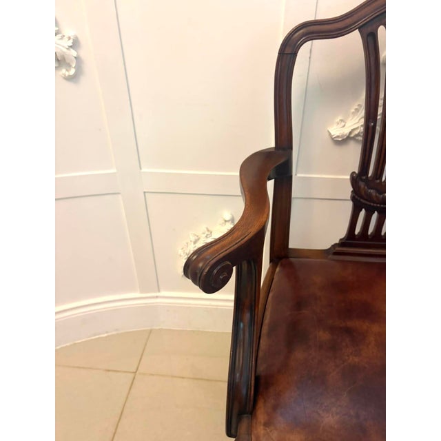 Antique Victorian Hepplewhite Mahogany Shield Back Dining Chairs with Carvers in Tan Leather, 1890, Set of 8 For Sale - Image 16 of 18