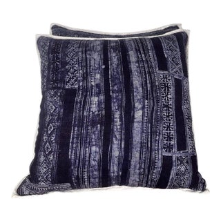 Distressed Blue and White Batik Pillows, Cotton and Linen, India For Sale