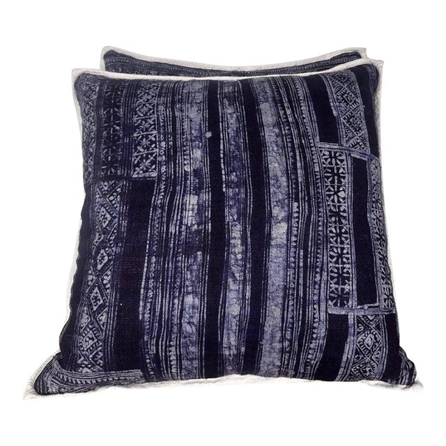 Distressed Blue and White Batik Pillows, Cotton and Linen, India For Sale