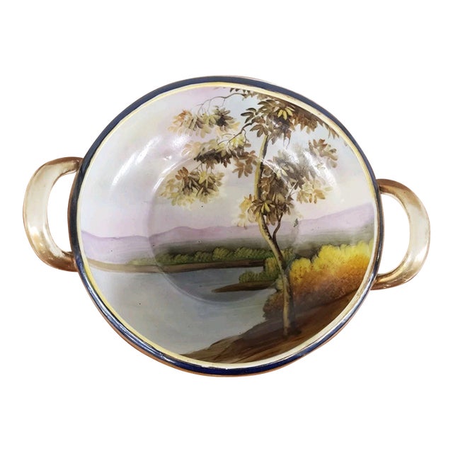 Antique Noritake Hand Painted Double Handled Scenic Bowl, M Mark, Made in Japan For Sale