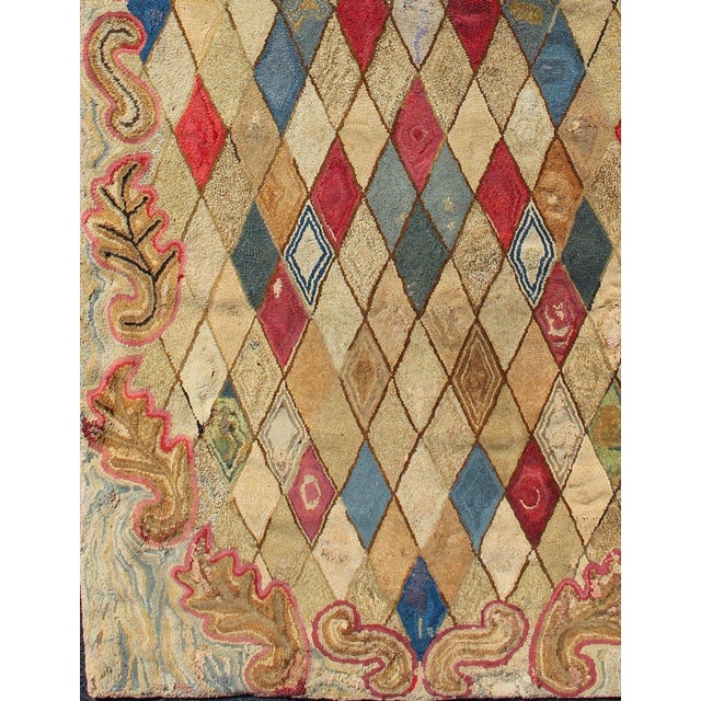 American Colorful 19th Century Antique American Hooked Rug With Diamond Design 4'1 X 8'8 For Sale - Image 3 of 11