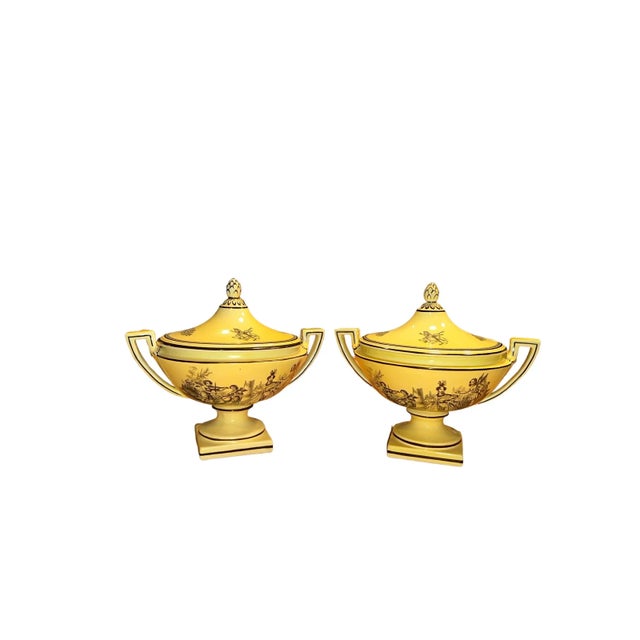 Beautiful pair of vinatge mid-century Mottahedeh yellow and black creil tureens in the empire style. This rare pair...