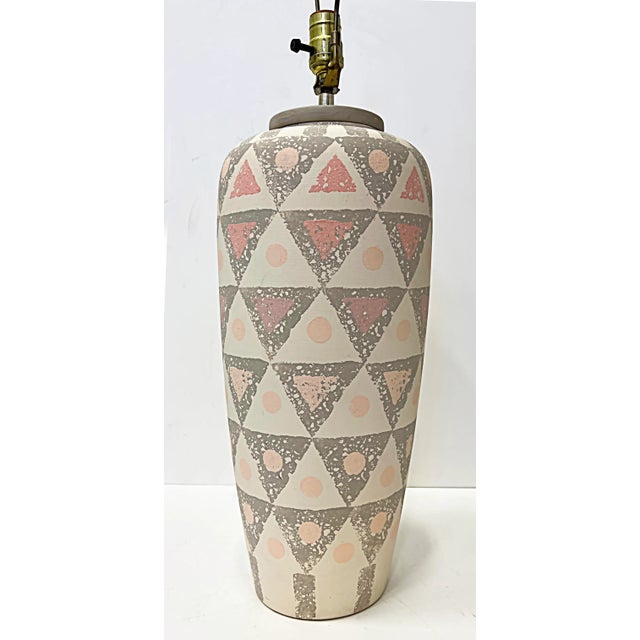 Modern 1980s Hand Painted Geometric Design Pottery Table Lamps- Pair For Sale - Image 3 of 9