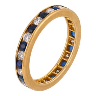 Mid 20th Century Tiffany & Co. Sapphire Diamond 18k Yellow Gold Band Ring, Size 10 For Sale