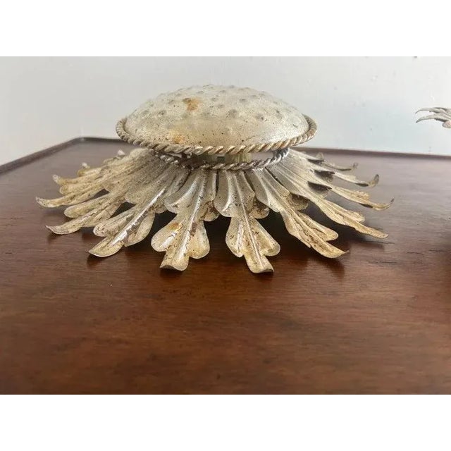 Silver Silvered Gilt Metal Sunburst Flush Mount Fixture by Miamar Home For Sale - Image 8 of 11