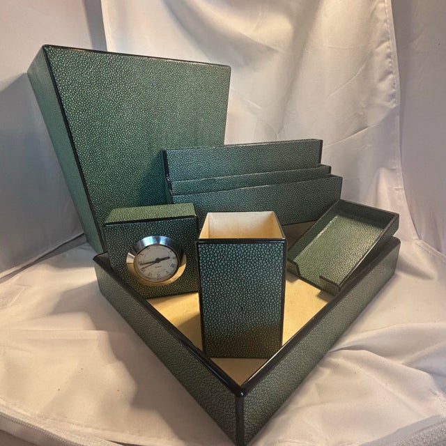 Early Vintage Dransfield & Ross Desk Accessory Set Mid-Century Modern Faux Shagreen Leather in Forest Green circa 2000’s...