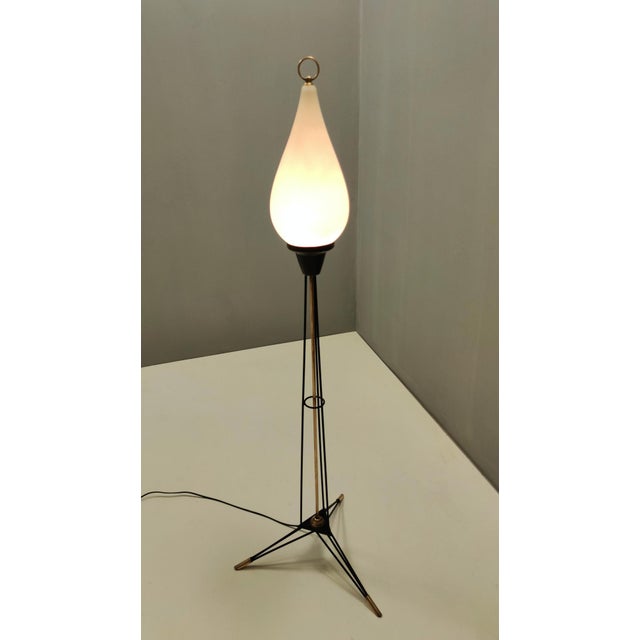 Made in Italy, 1950s. This is a beautiful Stilnovo floor lamp on tripod legs made in brass, black varnished metal and...