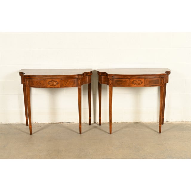 English Baker Furniture Federal Inlaid Mahogany Flip-Top Consoles or Game Tables, Pair For Sale - Image 3 of 14
