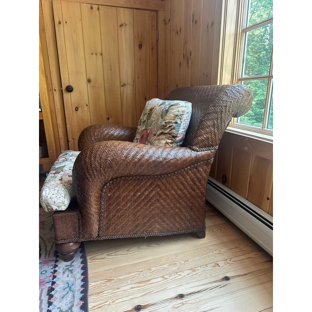 Lexington Woven Sofa With Floral Cushions With Matching Chair and Ottoman For Sale - Image 13 of 17