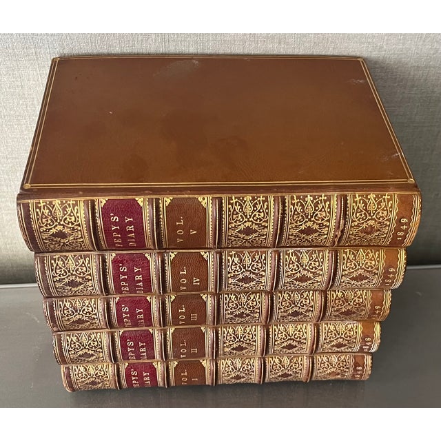Antique 19th Century Fine Leather Book Bindings - Diary of Samuel Pepys - 5 Volumes For Sale - Image 10 of 13