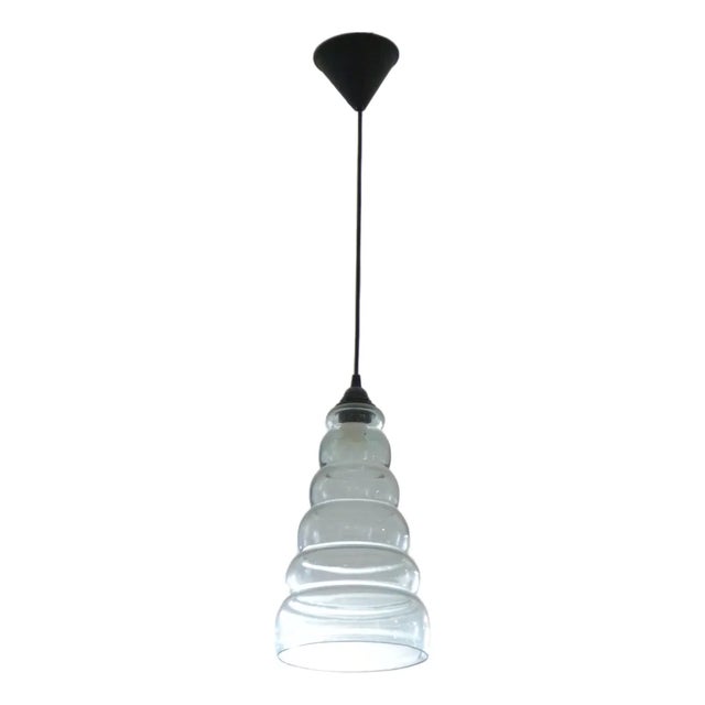 Vintage Mid-Century Modern Pendant Light Sculptural Clear Ribbed Blown Glass Shade For Sale