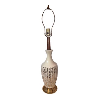 1960s Mid-Century Modern Ceramic Gold and Wooden Lamp For Sale