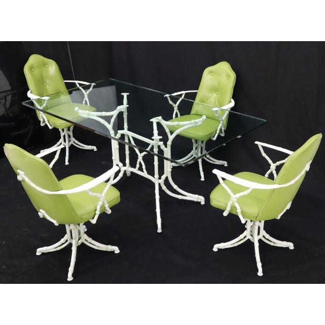 Metal Cast Aluminum Faux Bamboo Dining Table w/ 4 Matching Chairs Outdoors Green Vinyl For Sale - Image 7 of 13