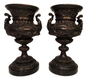 19th Century French Bronze & Cast Iron Medici Vases on Marble Bases, 1980s, Set of 2
