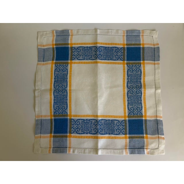 Vintage European Linen Napkins, Blue & Mustard Jacquard Plaid With Damask Border, Hemstitched - Set of 6 For Sale - Image 12 of 12