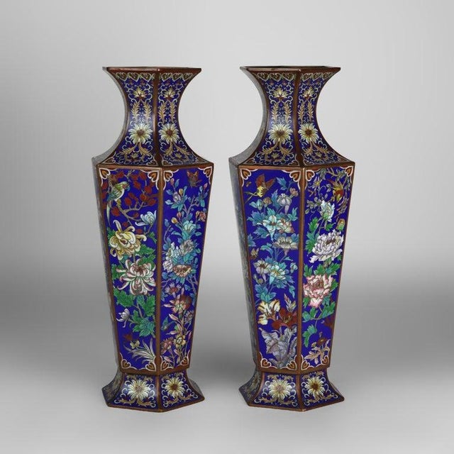 Chinese Pair of Large Antique Chinese Floral Cloisonne Enameled Bronze Vases C1920 For Sale - Image 3 of 5