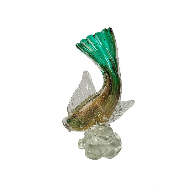 Murano Vintage Murano Sommerso Green Gold Flecks Bollicine Italian Bubble Glass Fish For Sale - Image 4 of 10