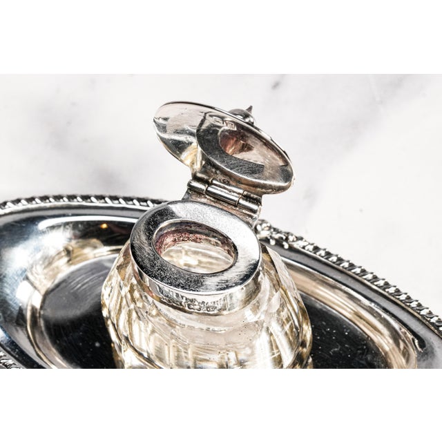Lovely Edwardian English Antique Sterling Silver Crystal Inkwell Pen Tray Desk Office Home Decor For Sale In New York - Image 6 of 18
