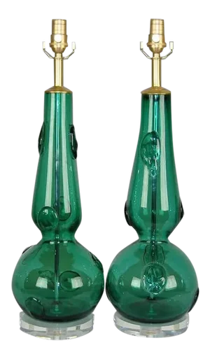 Vintage Murano Glass Lamps Green Prunts