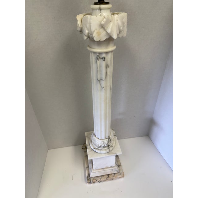 Neoclassical Natural Italian Marble Column Lamp. Elegant vintage lamp crafted from solid Italian marble with striking...