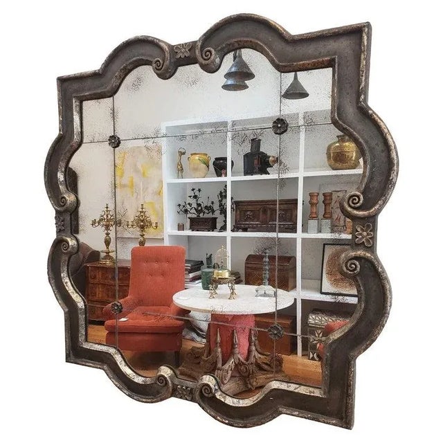 Modern Art Deco Style Silver Gilt Mirror With Rosettes and Antiqued Glass For Sale - Image 13 of 13