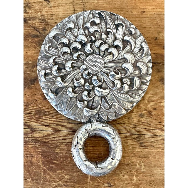 Metal Vintage Meiji Period Steeling Silver Flower Hand Mirror For Sale - Image 7 of 12