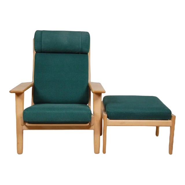 Set of GE-290A Lounge Chair with Ottoman in Green Fabric by Hans Wegner for Getama, 1990s For Sale