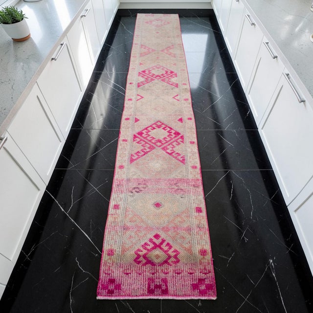 Contemporary 1970s Runner Rug Kurdish Turkish Hand-Knotted Narrow Hallway Decor Magenta 2x11 Ft Approx For Sale - Image 3 of 16